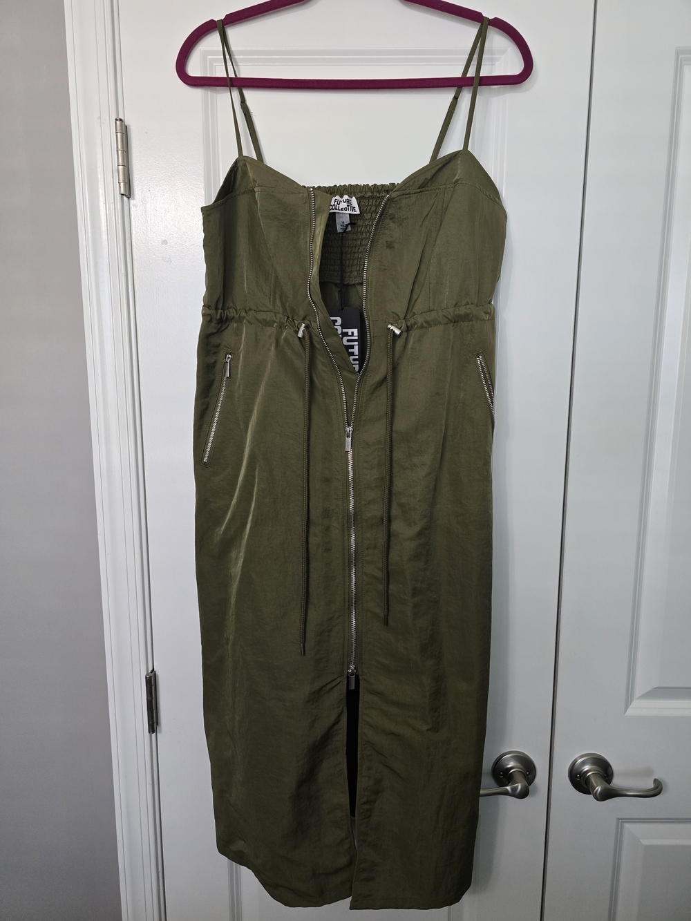 Zip-Front Olive Green Spaghetti Strap Midi Dress with Drawstring Waist